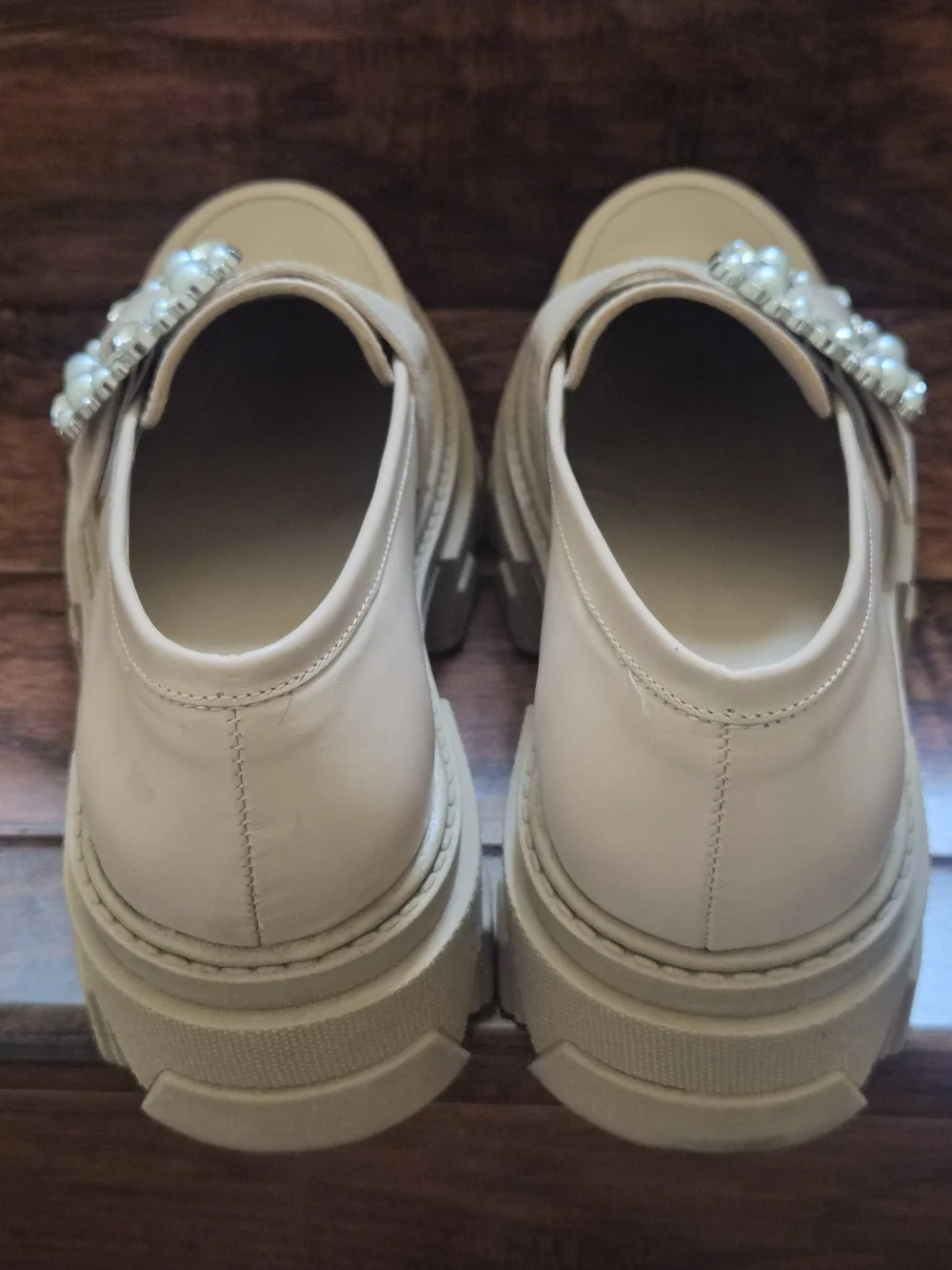 ALOHAS Beige Pearl-Embellished Lug Loafers